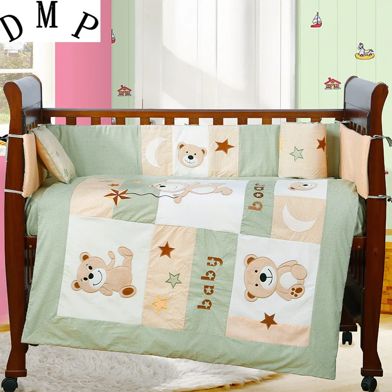 

7PCS embroidered Baby Bedding Set Baby cradle crib cot bedding set cunas crib Quilt ,include(bumper+duvet+sheet+pillow)