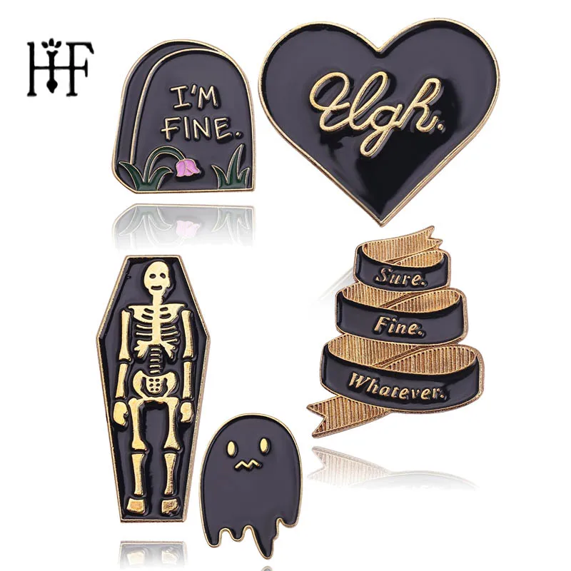 

Carton "I'm FINE" Sure Fine Whatever Skull Brooch Lapel Pin Alloy Rib Cage Coffin Broach for Women Hats Clips Enamel Pin