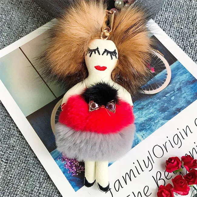 Modern Girl Grazy Women Real Rex Rabbit Fur Keychain Fluffy Doll Fur Pompon Bag Charm Keyring Luxury Car Key Pendant Accessories - Цвет: Red 3