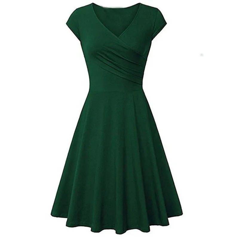 

Green Dress Women Purple Black Yellow 16 Colors S-3XL Plus Size 2019 New Spring Summer Short Sleeve V Neck Pleated Dress LR193