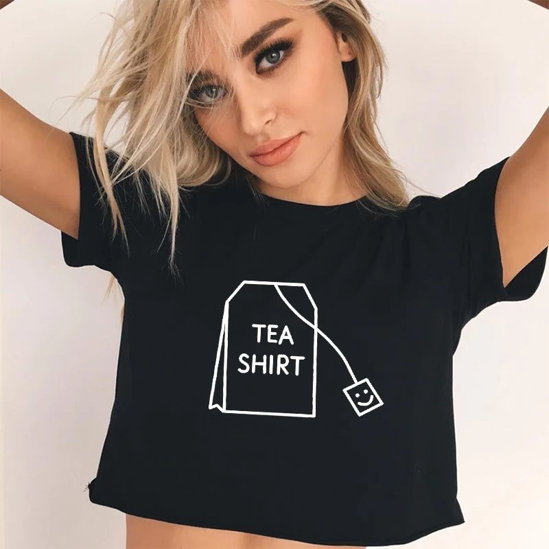 

Fashion Women Tank Top 2018 Crop Top Shirt TEA BALL Letter Harajuku Print Black Women Short Sleeve O-Neck Streetwear Shirt