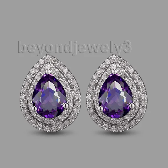 

New Fantastic 14Kt White Gold 2.83Ct Dia Pear 6x8mm Purple Amethyst Earrings CA001