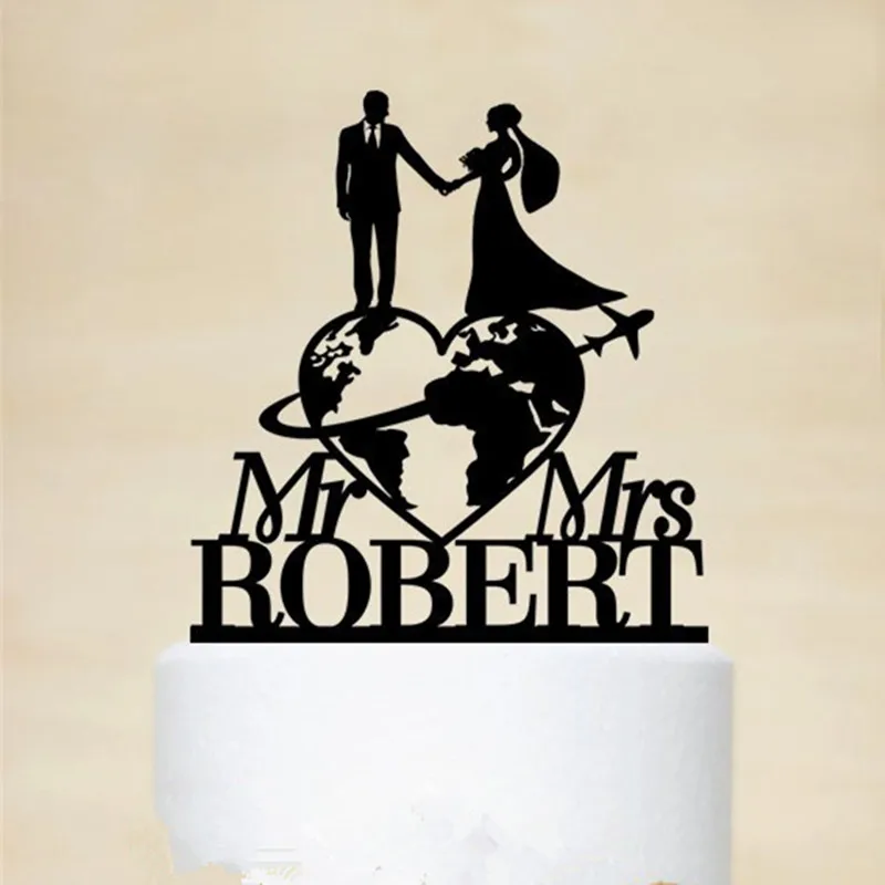 Travel Themed Wedding Cake Topper Personalized Mr & Mrs Last Name Cake Topper Travel World Wedding Decoration
