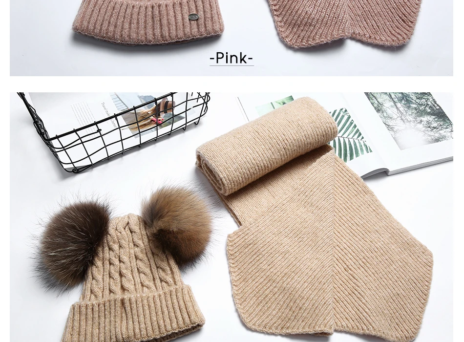 Parent-child Hat And Scarf Set Solid Winter Skullies Beanies With Fur Pompom High Quality Wool Knitted Hat Caps Children (13)