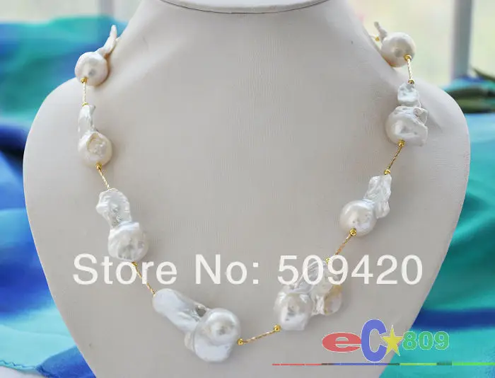 

~~ Free Shipping >>Huge 20" white baroque KESHI REBORN PEARL GOLDEN NECKLACE