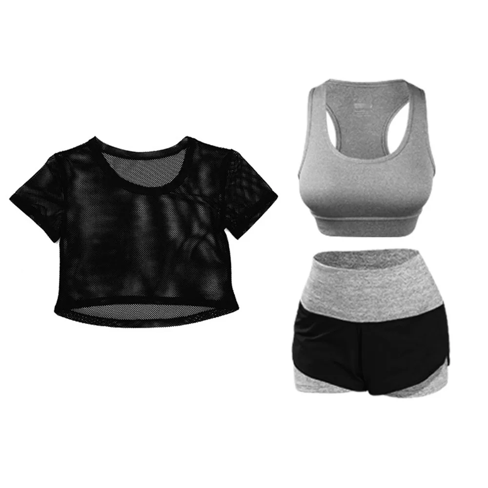 Летний комплект из 3 предметов для йоги, женский спортивный костюм с коротким топом, бюстгальтер, косынка, кототкое быстросохнущее для спорта, комплект дышащей одежды