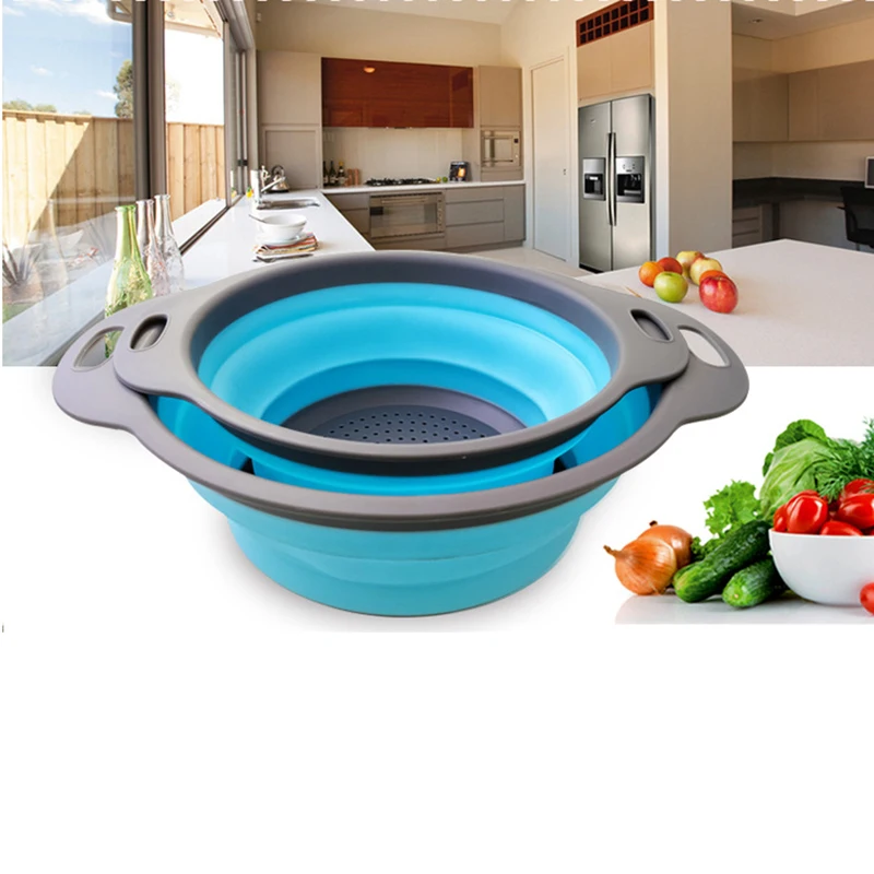 

2Pcs/set New Creative Drain Basket Foldable Silicone Colander Kitchen Strainer Tools Vegetable Fruit Wash Basket Filter Hot Sale