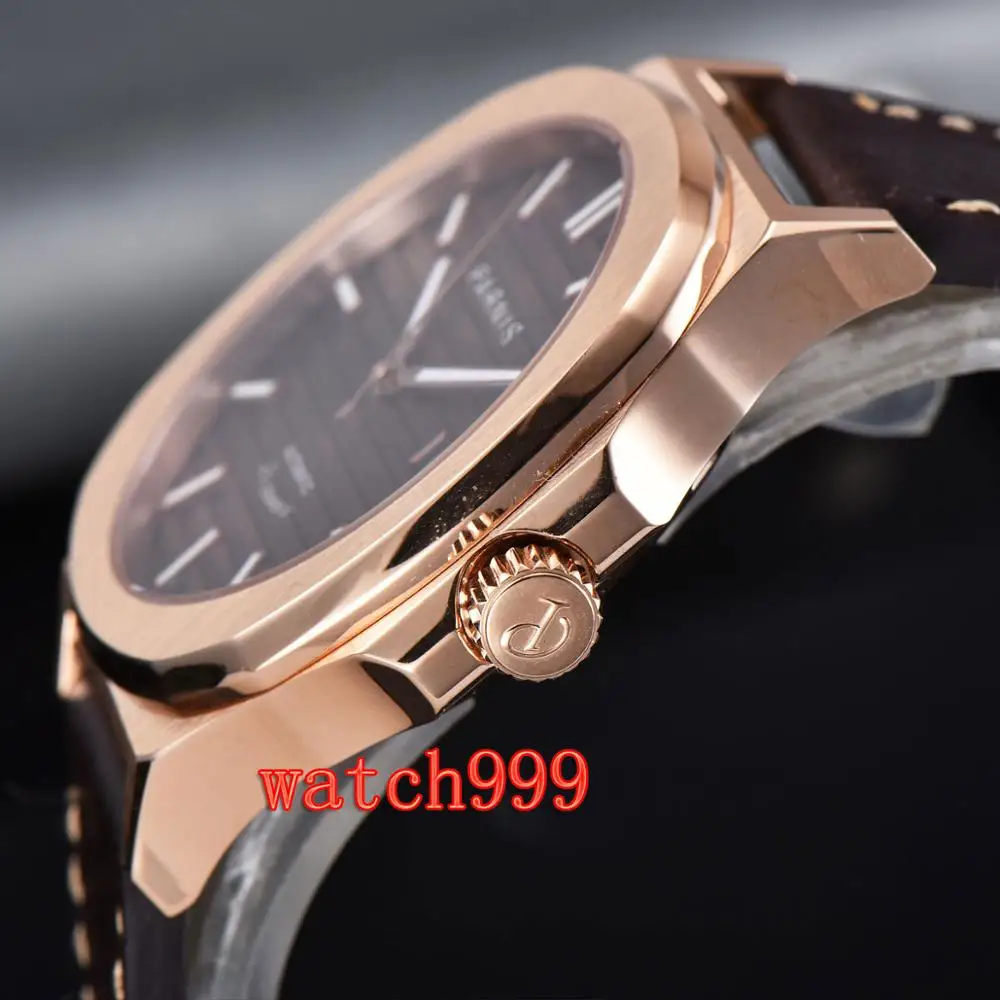 45 мм PARNIS розовое золото чехол светящиеся автоматические мужские часы сапфировое стекло кожаный ремешок Механические Мужские часы