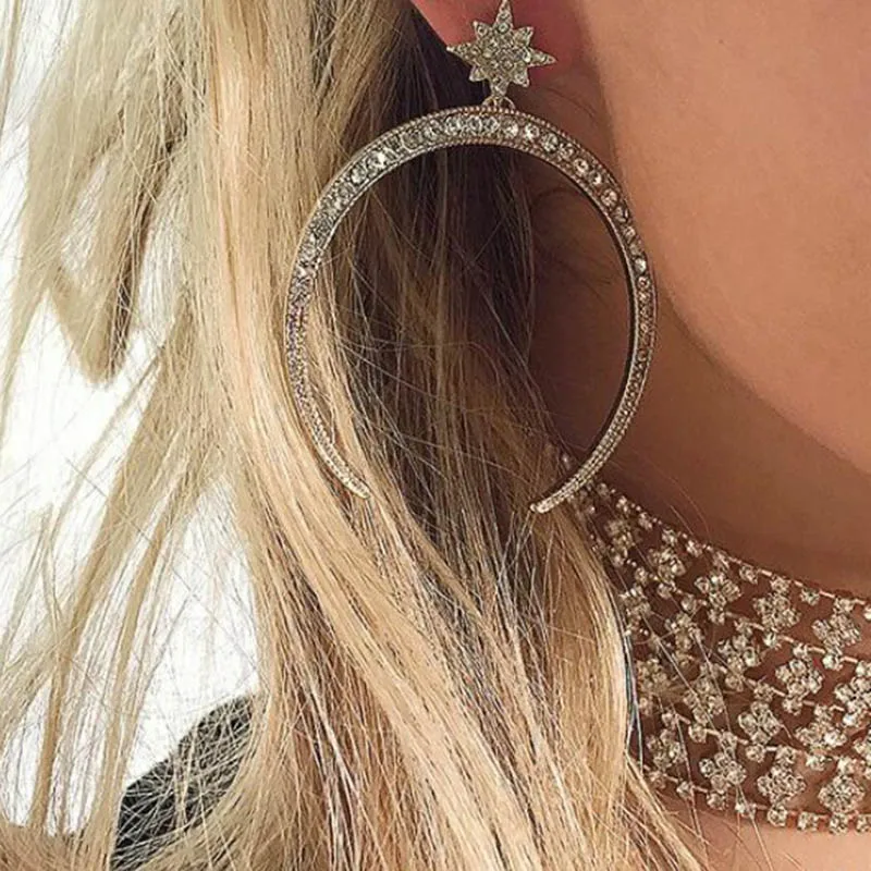 

New Vintage Gold Color Crystal Moon Earrings for Women Fashion Jewelry Star Drop Earrings Exaggerated Gift Party Wedding