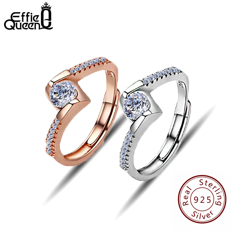 

Effie Queen 925 Sterling Silver Cubic Zircon Heart Rings Jewelry Fashion Female Ring Adjustable Size Couple Lover Jewelry PSR08