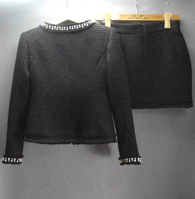 Черный/белый твидовый пиджак+ шорты костюм осень/зима Женская куртка на заказ с крупным бисером шерстяные брюки костюм XS | S | M | L | XL