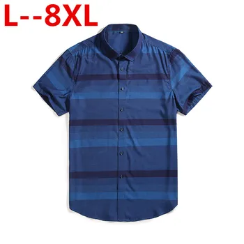 

8XL 6XL 5XL Striped Shirt Men Summer New Short Sleeve Cotton Mens Dress Shirts Casual Button Down Chemise Homme Camisa Masculina