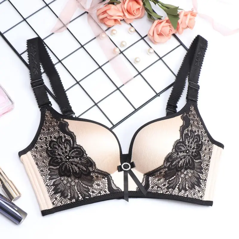 

Women Sexy Ice Silk Feeling Push Up Bras Wireless Back Closure Underwear Tops Lace Padded Gathered Brassieres