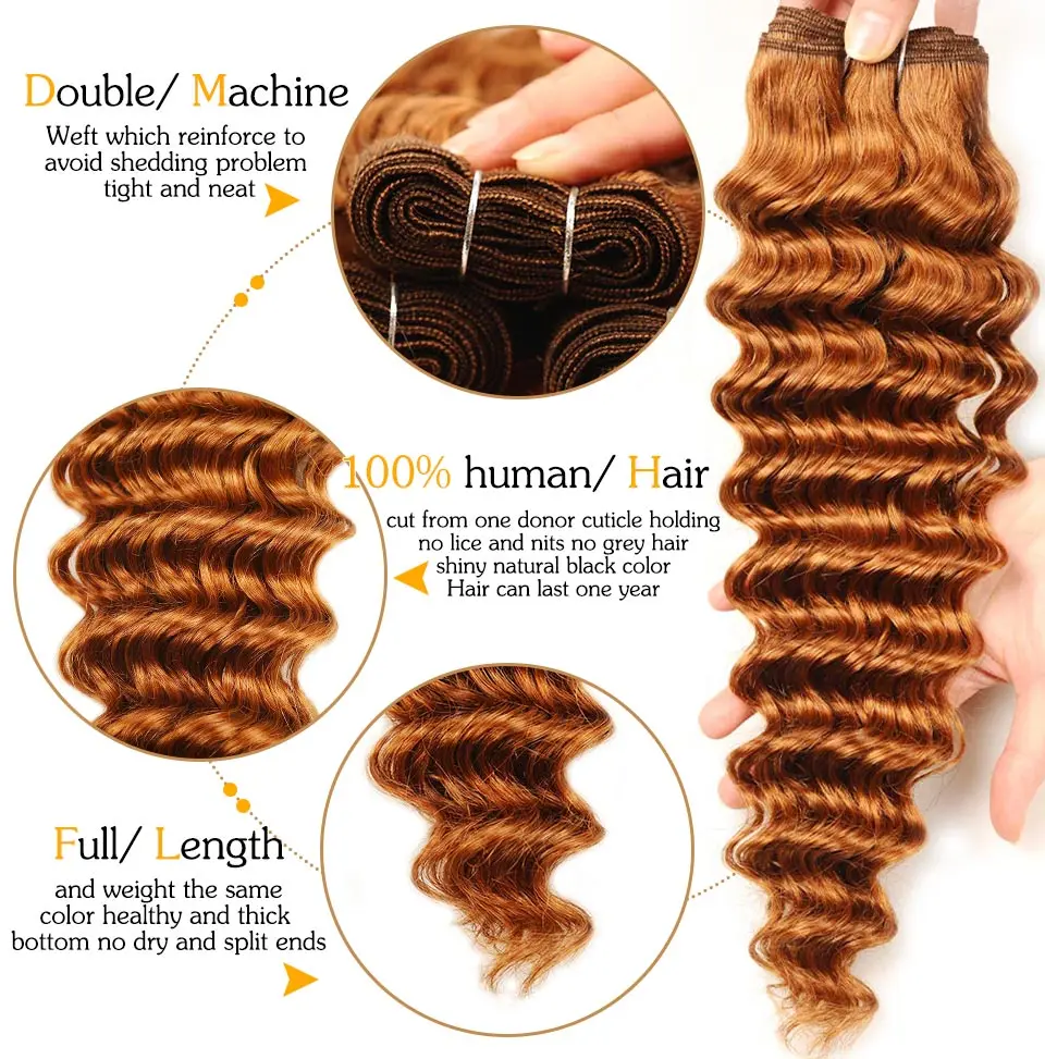 Pinshair Deep Wave 3 Bundles With Closure Blonde 30 Peruvian Human Hair Bundle With Middle Part Closure 10-26 Inch Non Remy Hair (35)