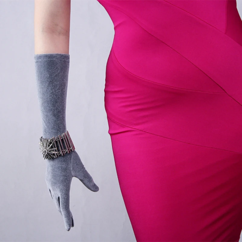 Black Silvery Velvet Gloves Female 40cm Long Vintage Evening vestido Elasticity Fashion Elegant Women Mittens For Party TB24-1