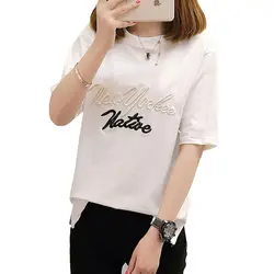 Корейский 2018 лето с вышивкой с надписями футболка Топ для женщин; Большие размеры Половина рукава Разделение свободная футболка Harajuku