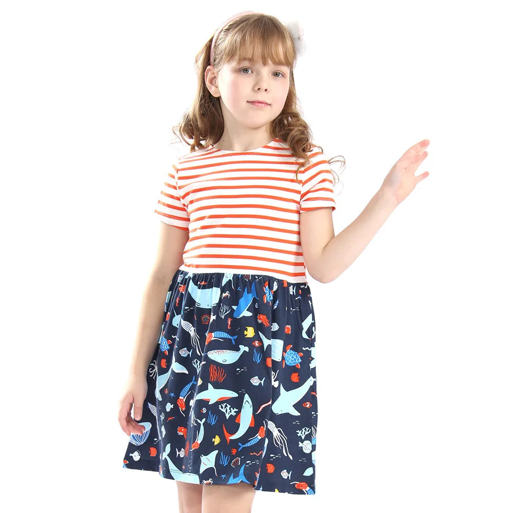 

Telotun 2018 Summer Girls Cartoon Whale Shark Marine Bio Print Stripe Short Sleeve One Piece Dress Clothes Outfits JU 01