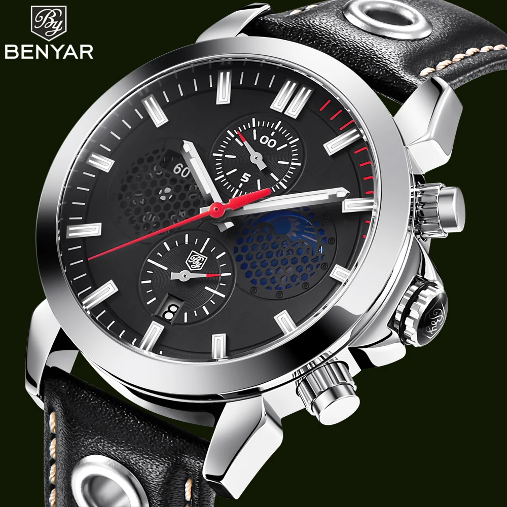 

BENYAR Chronograph Mens Watches Boys Top Brand Hollow Quartz Watch Men Luxury Waterproof Leather Army Sport Wrist watch For Men