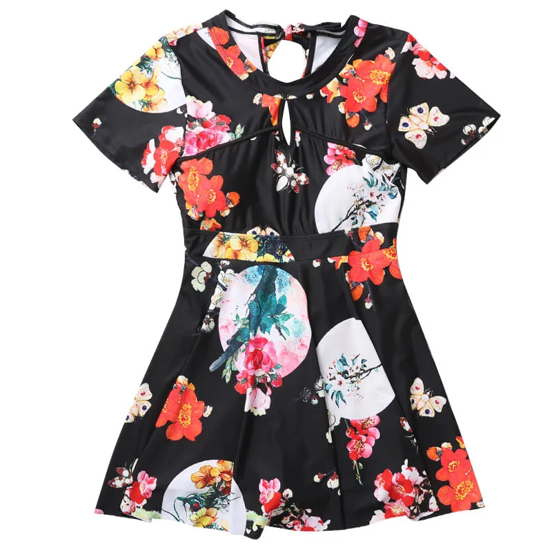 

Retro Short Sleeve Swim Dress 2019 Women One Piece Swimsuit Plus Size Swimdress Push Up Swimwear Hollow Out Bathing Suits
