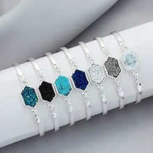 HOMOD Trendy Hexagon Silver/Gold Color Natural stone Bracelet Big Druzy Stone Bezel Setting Large Tone Bracelet Women Jewelry HOMOD Trendy Hexagon Silver/Gold Color Natural stone Bracelet Big Druzy Stone Bezel Setting Large Tone Bracelet Women Jewelry