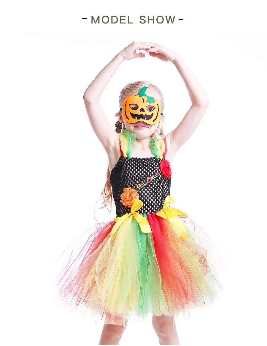 Rainbow Style Girls Halloween Tutu Dress with Pumpkin Mask Handmade Kids Birthday Dress Baby Girl Cosplay Costume Vestidos (5)