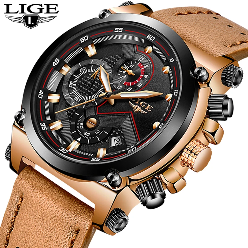 

Men Watches LIGE Top Brand Luxury Business Big Dial Chronograph Leather Sport Watch Men Waterproof Quartz Watch Relojes Hombre