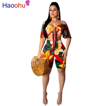 

HAOOHU Sexy Two Piece Set Women Off Shoulder Crop Top and Shorts Suit Summer Club Outfits 2 Pcs Matching Sets Festival Clothing