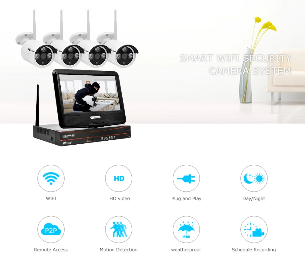 Wistino 960P CCTV System Kit Wireless 4CH NVR Security IP Camera Wifi Outdoor P2P Monitor Kits IR LCD Screen Surveillance Cam (1)
