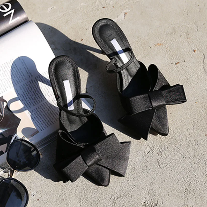 

2019 summer new satin large bow pointed high heel female slippers fine-fitting baotou sandals and half slippers women