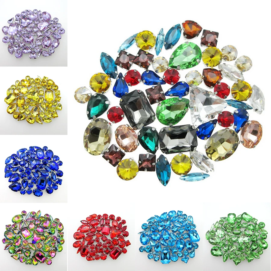 

Mix shape 50pcs/pack silver claw setting glitter crystal sew on rhinestone wedding dress clothes shoes bags diy colorful trim