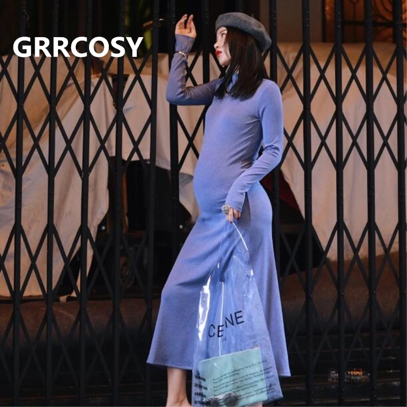 

GRRCOSY Maternity Dress long A-line dress autumn winter new Pregnant women Half high collar Elasticity Bottom skirt slim Clothes