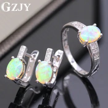 

GZJY Beautiful Romantic Oval Yellow Fire Opal Gold Color Ring Earrings Set For Women Wedding Party Jewelry