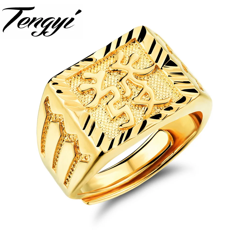 TENGYI New Arrival Classic Gold Color Men Rings Chinese Engraving Good