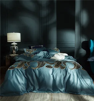 

Blue Luxury European Golden Royal Embroidery 100S Egyptian Cotton Bedding Set Duvet Cover Bed Sheet Bed Linen Pillowcase 4/6pcs