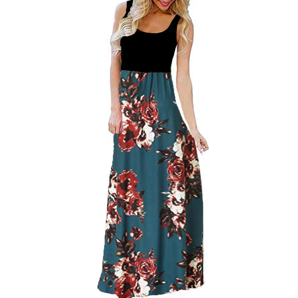 

Hot Selling New 2019 Women's Casual Sleeveless O-neck Print Maxi Tank Long Dress