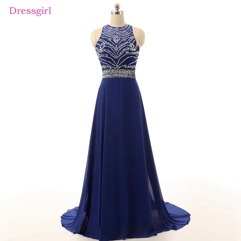 

Royal Blue 2019 Prom Dresses A-line High Collar Chiffon Beaded Backless Elegant Long Prom Gown Evening Dresses Robe De Soiree