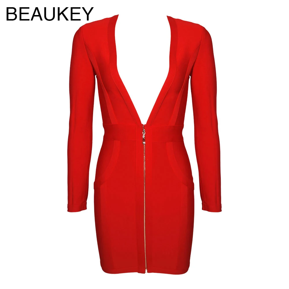 BEAUKEY красное Бандажное платье с длинным рукавом глубокий v-образный вырез мини сексуальное облегающее платье размера плюс XL