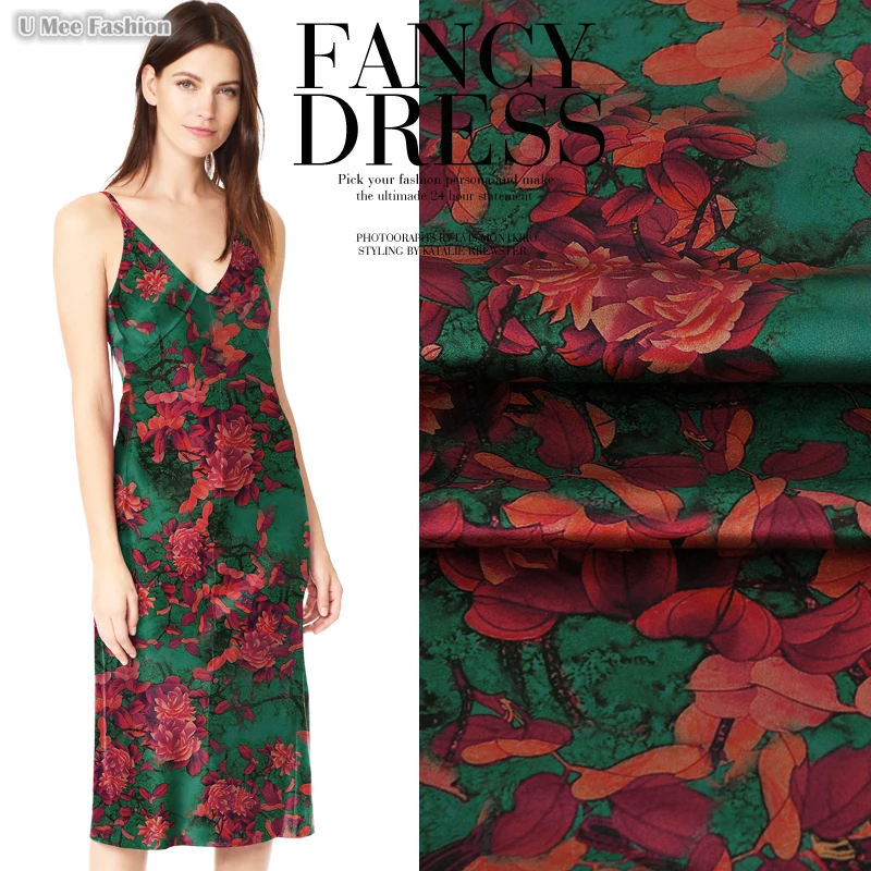 

SP547 Pure Silk/Peony,Red Leaves/Silk Fabric Mulberry Silk 93% Silk 7% Spandex Charmeuse/Width1.29yd Thickness19mm