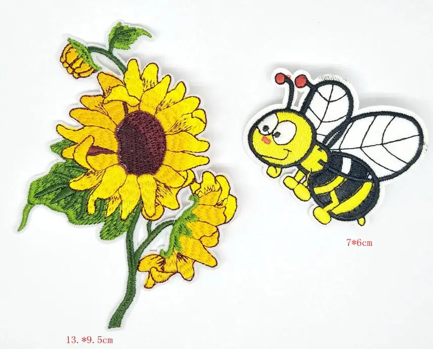 2 sunflower bee embroidery parches sew iron on transfers large patches