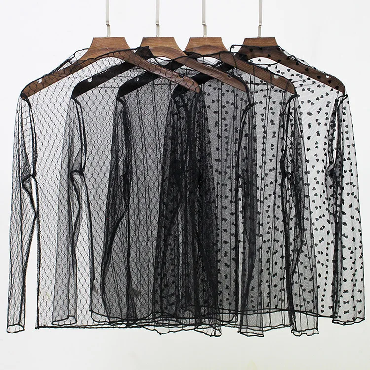 

spring Summer Women Lace Blouses Shirt Women tops Sexy mesh Blouses See-through Long Sleeve Black Dot Star Striped Shirt Blouse