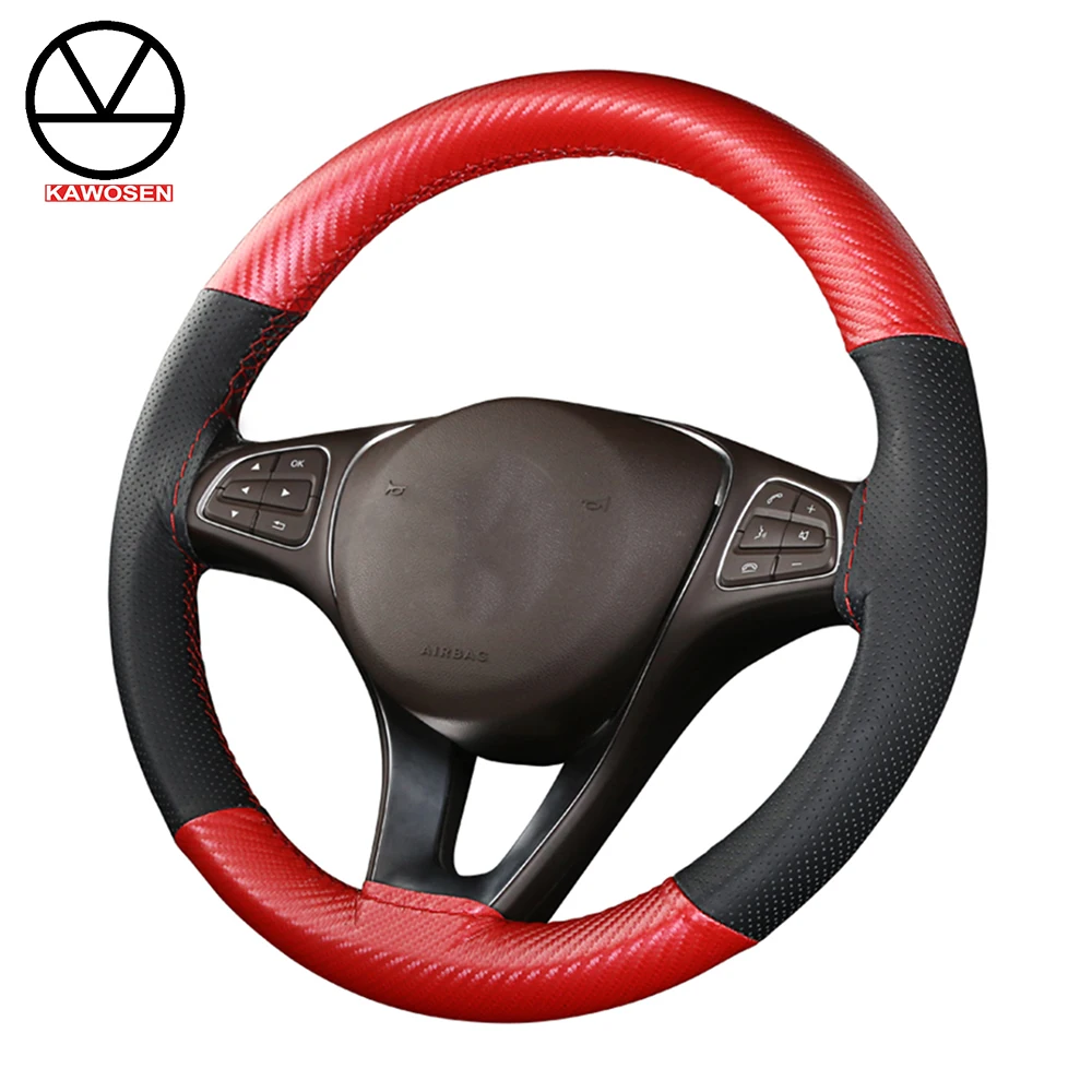 

COVERS 15"/38cm Hand-Stitched Top Layer Leather Car Steering Wheel Cover Anti-slip Steering-Wheel Braid Stitch On Wrap SWCH15