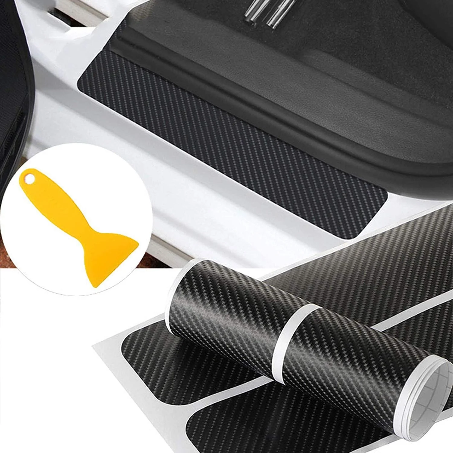 

4pcs/set 3D Carbon Fiber Car Scuff Plate Door Sill Sticker Panel Protector and A Scraper (4D Sticker)