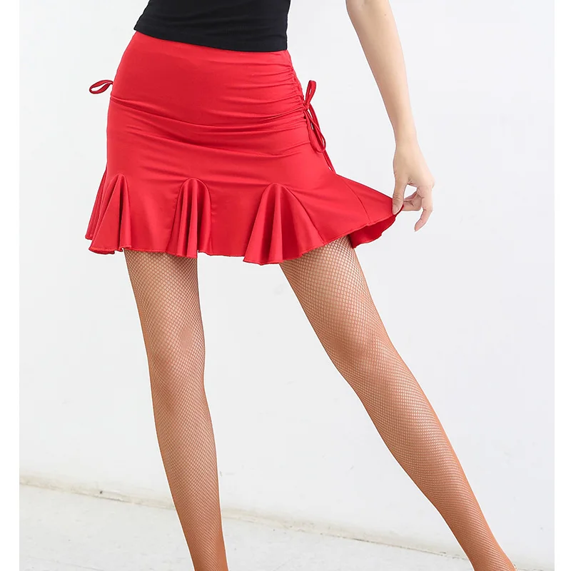 Новые костюмы для латинских танцев, Топы+ юбка, 2 шт., летняя черная рубашка с коротким рукавом, Модальная одежда, одежда для танго, танцевальная юбка BL1720 - Цвет: Red Skirt