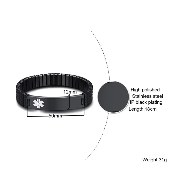 Браслет из нержавеющей стали черный браслет с гравировкой|stretch bracelet|medical alertbracelet