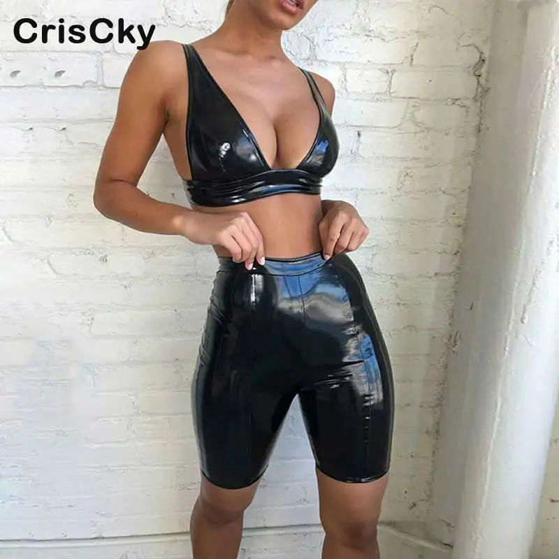 

CRISCKY Sexy PU Two Pieces Set Womens Deep V Neck Sleeveless Vest With High Waist Short Pants Ladies Summer Party Bodysuit Set