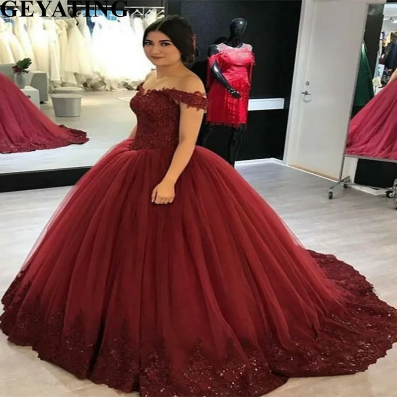 Винно-красное Тюлевое бальное платье Quinceanera платье пышное сладкое 16 платья с открытыми плечами кружевные аппликации Плюс Размер дебютантные платья
