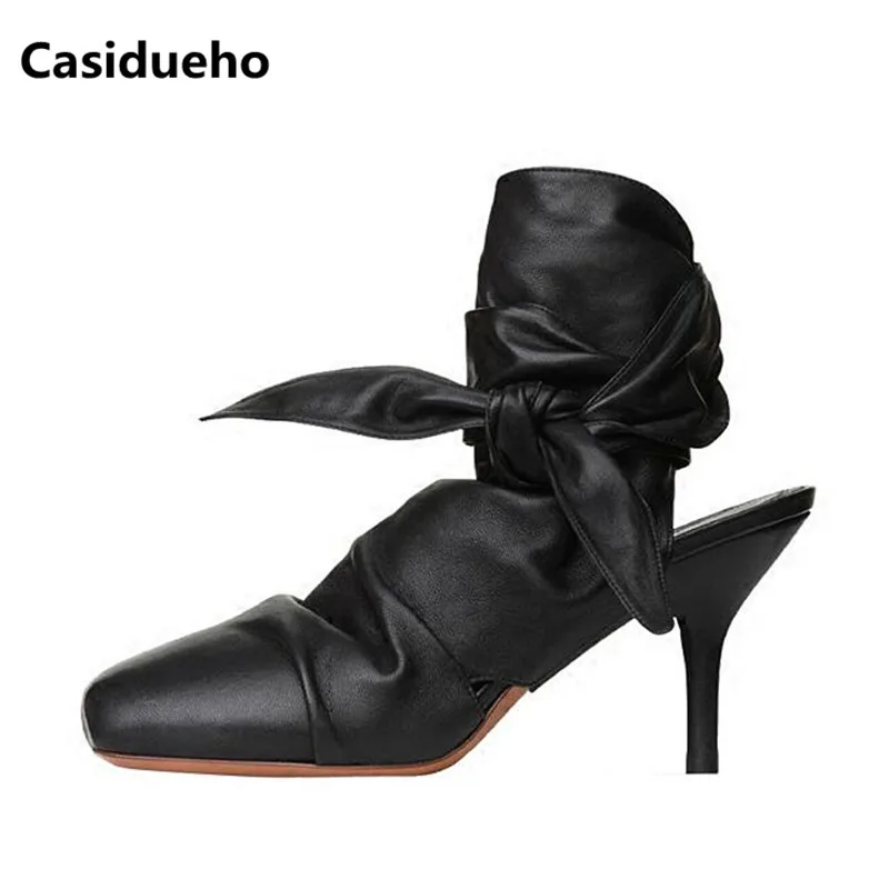 

Casidueho New Women Short Boots Cross Tied Bowtie Women Pumps Sexy High Heels Shoes Woman Real Leather Sandals Square Toe Boots