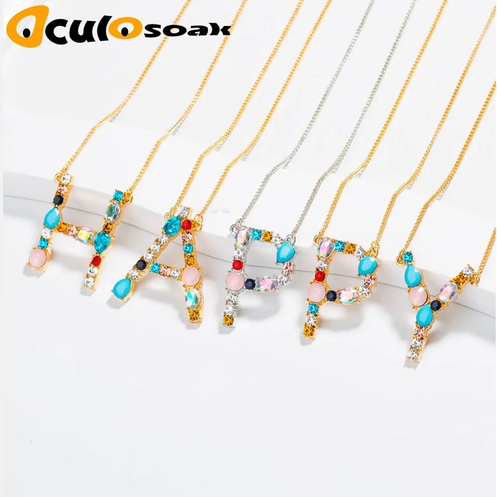 

1pcs Wholesale multicolor CZ charm necklace fashion 26 Gold Alphabet letter pendant necklace micro pave zircon letter necklaces
