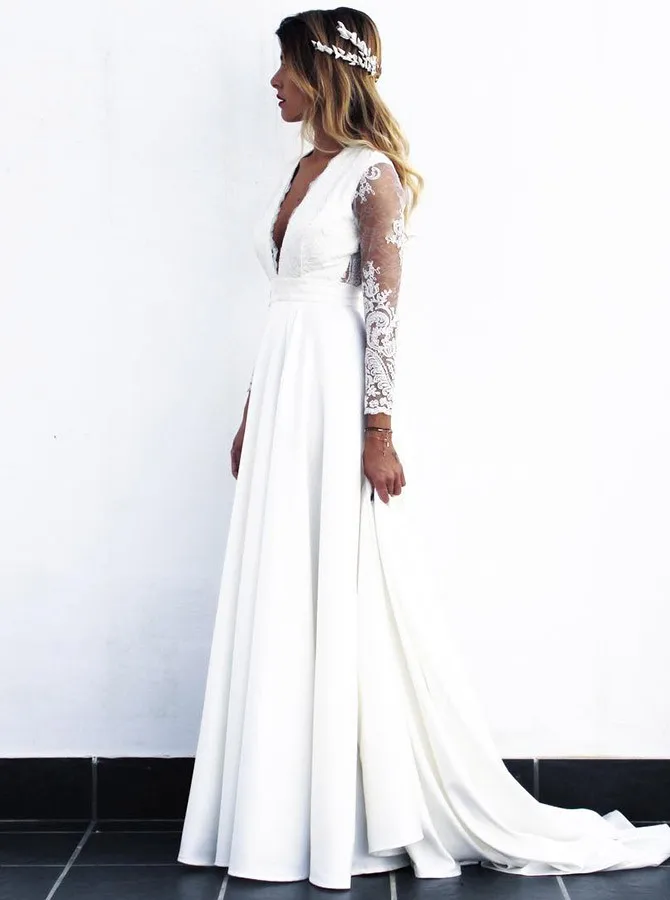 

Cheap Long White Lace A-line Wedding Dresses Bridal Gowns vestido de noiva 2019 with see-through long sleeves