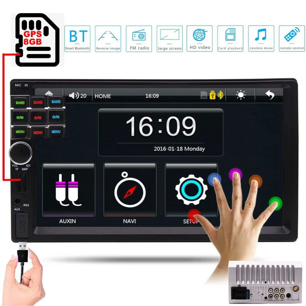 

Car FM Radio Receiver with USB/SD,MP4/MP5 Car Video Player Support Rear Camera + Remote Control + 8GB Map Card + Touch screen
